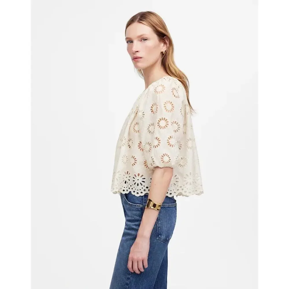 NWT Madewell Embroidered Shirred Puff-Sleeve Top in Floral Eyelet Size XS